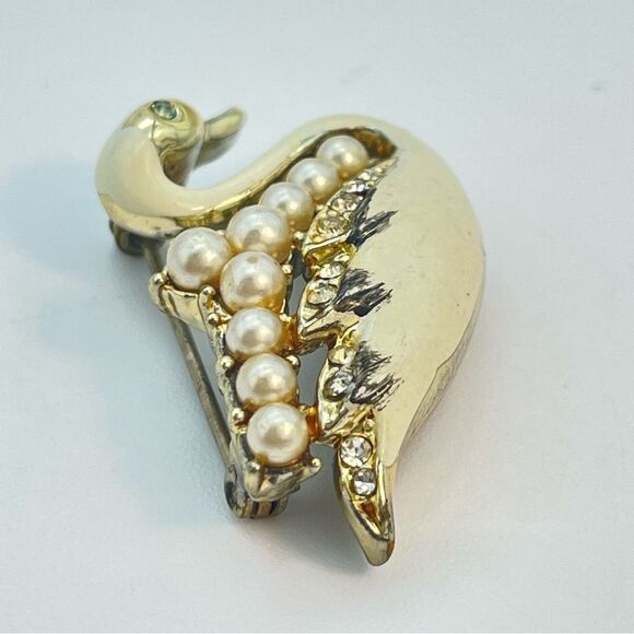 Vintage Coro Swan Brooch | Enamel Paint Rhinestone  Pearl Inlay Bird Pin Jewelry - Picture 5 of 13